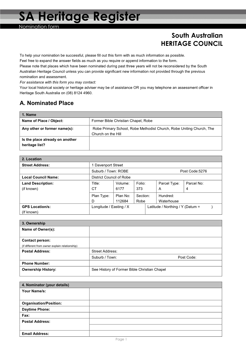 SA Heritage Register Nomination Form South Australian HERITAGE COUNCIL