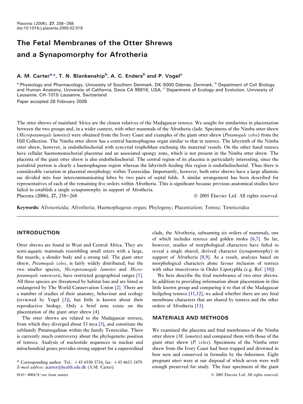 The Fetal Membranes of the Otter Shrews and a Synapomorphy for Afrotheria