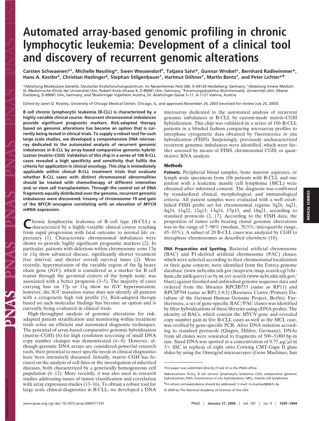 Automated Array-Based Genomic Profiling in Chronic Lymphocytic Leukemia: Development of a Clinical Tool and Discovery of Recurrent Genomic Alterations