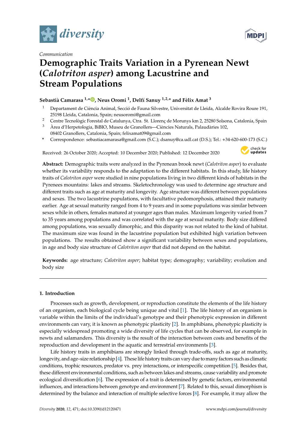 Demographic Traits Variation in a Pyrenean Newt (Calotriton Asper) Among Lacustrine and Stream Populations