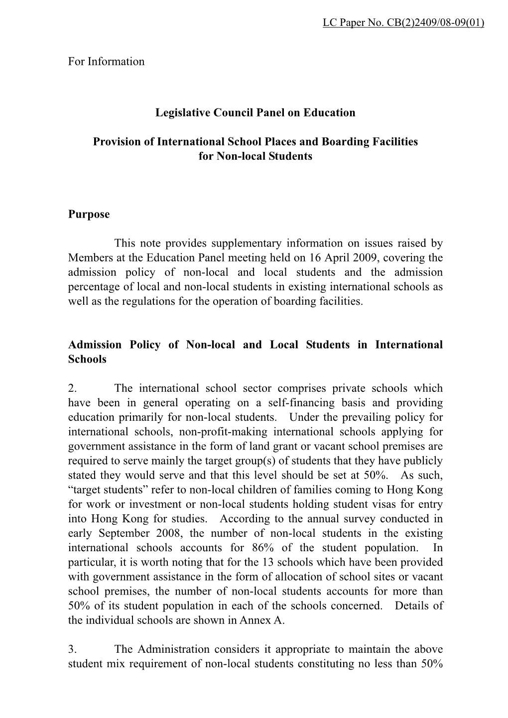 Provision of International School Places and Boarding Facilities for Non-Local Students