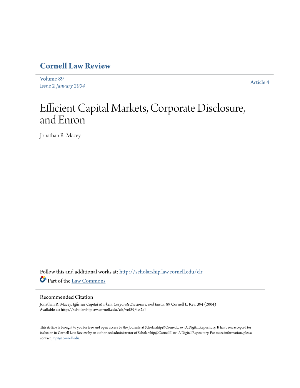 Efficient Capital Markets, Corporate Disclosure, and Enron Jonathan R