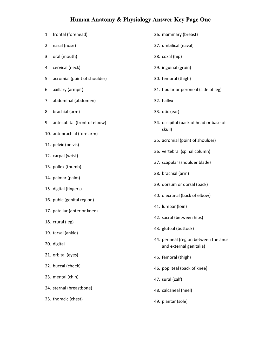 Human Anatomy & Physiology Answer Key Page One