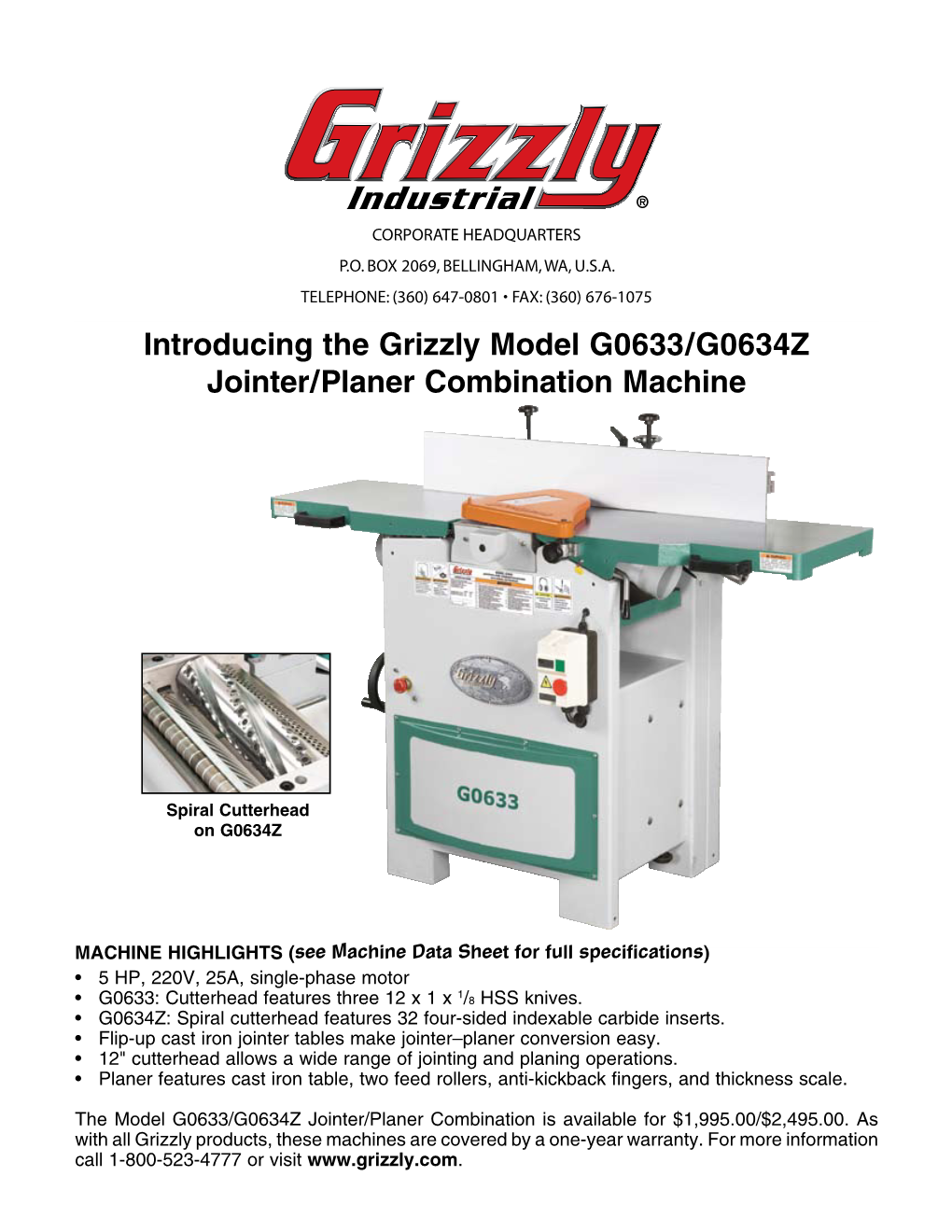 Grizzly G0633 and G0634Z Jointer/Planer Combination Machine