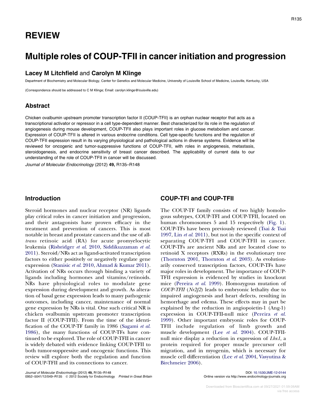 REVIEW Multiple Roles of COUP-TFII in Cancer Initiation and Progression