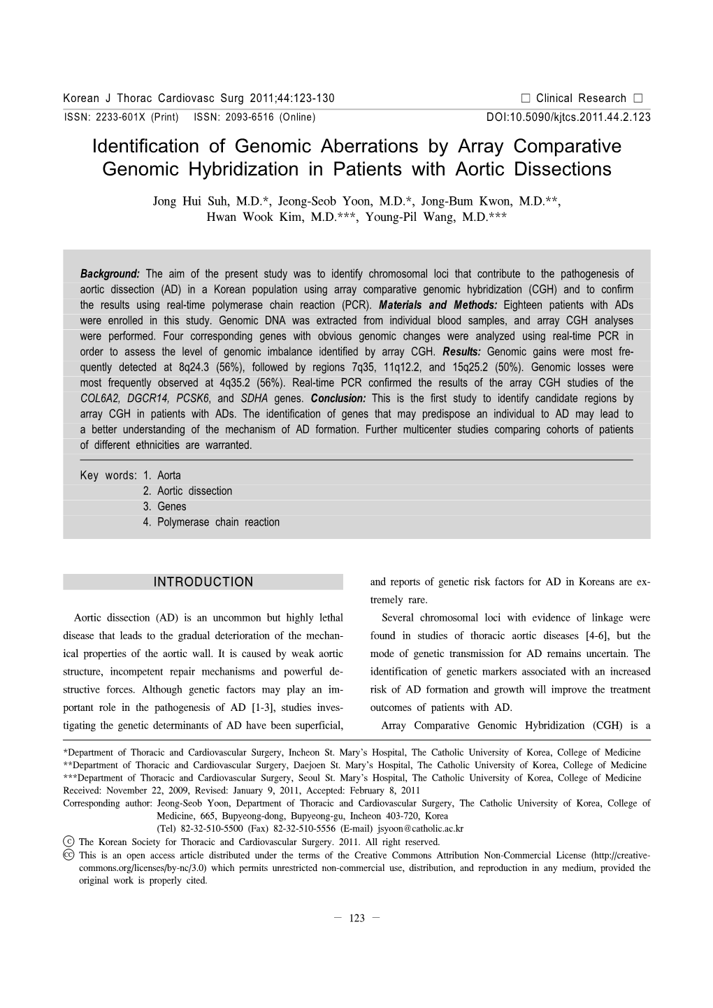 Identification of Genomic Aberrations by Array Comparative Genomic Hybridization in Patients with Aortic Dissections