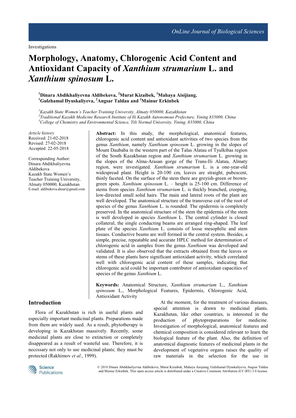 Morphology, Anatomy, Chlorogenic Acid Content and Antioxidant Capacity of Xanthium Strumarium L