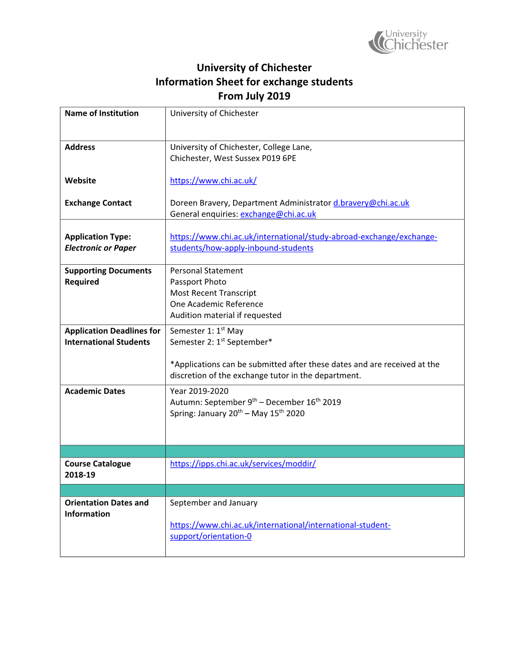 University of Chichester Information Sheet for Exchange Students from July 2019 Name of Institution University of Chichester