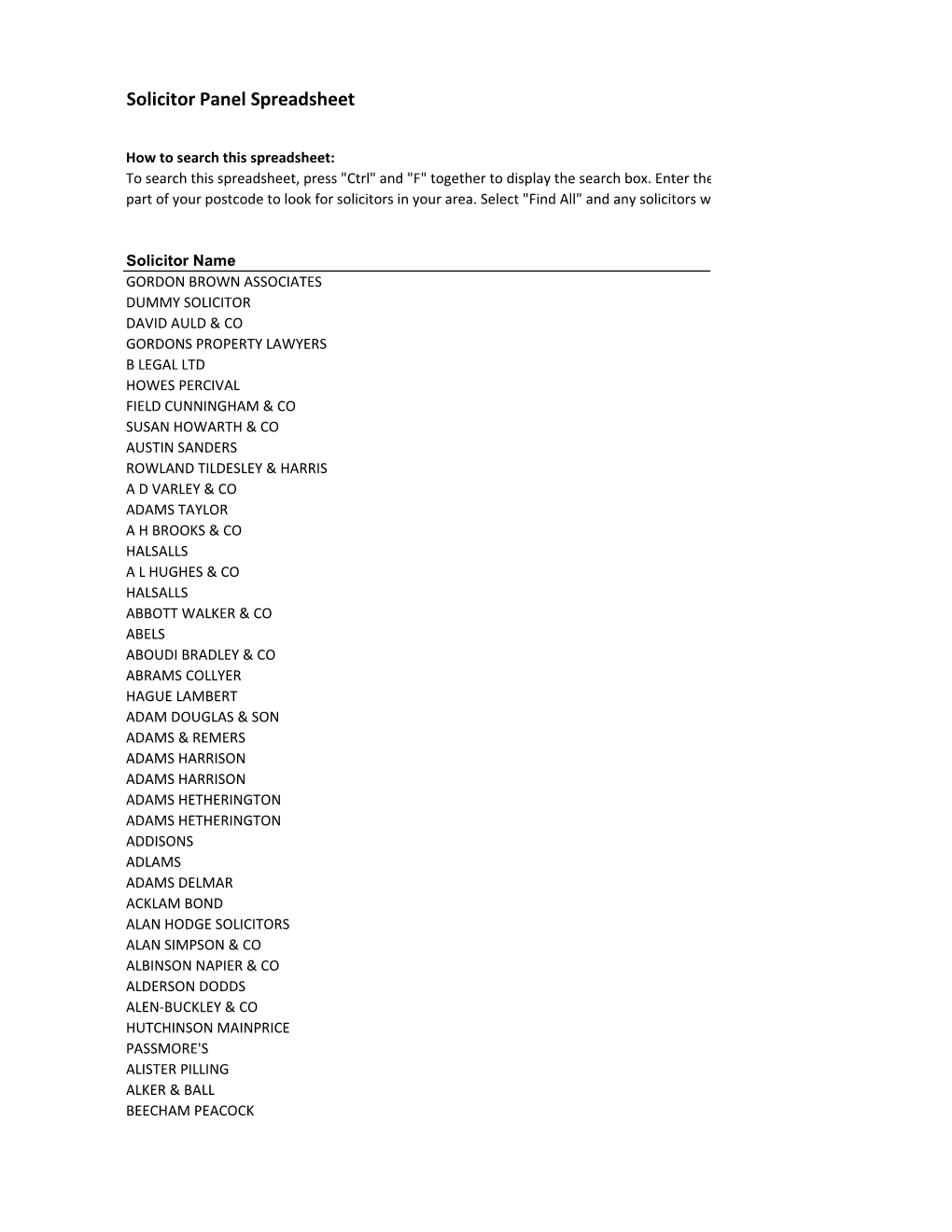 Solicitor Panel Spreadsheet