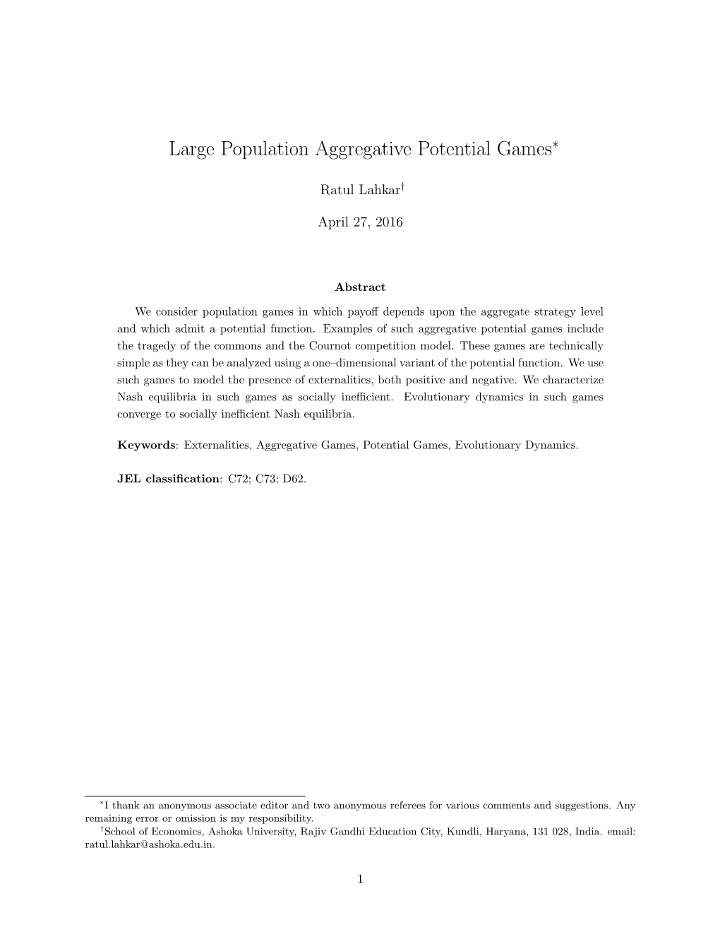 Large Population Aggregative Potential Games∗