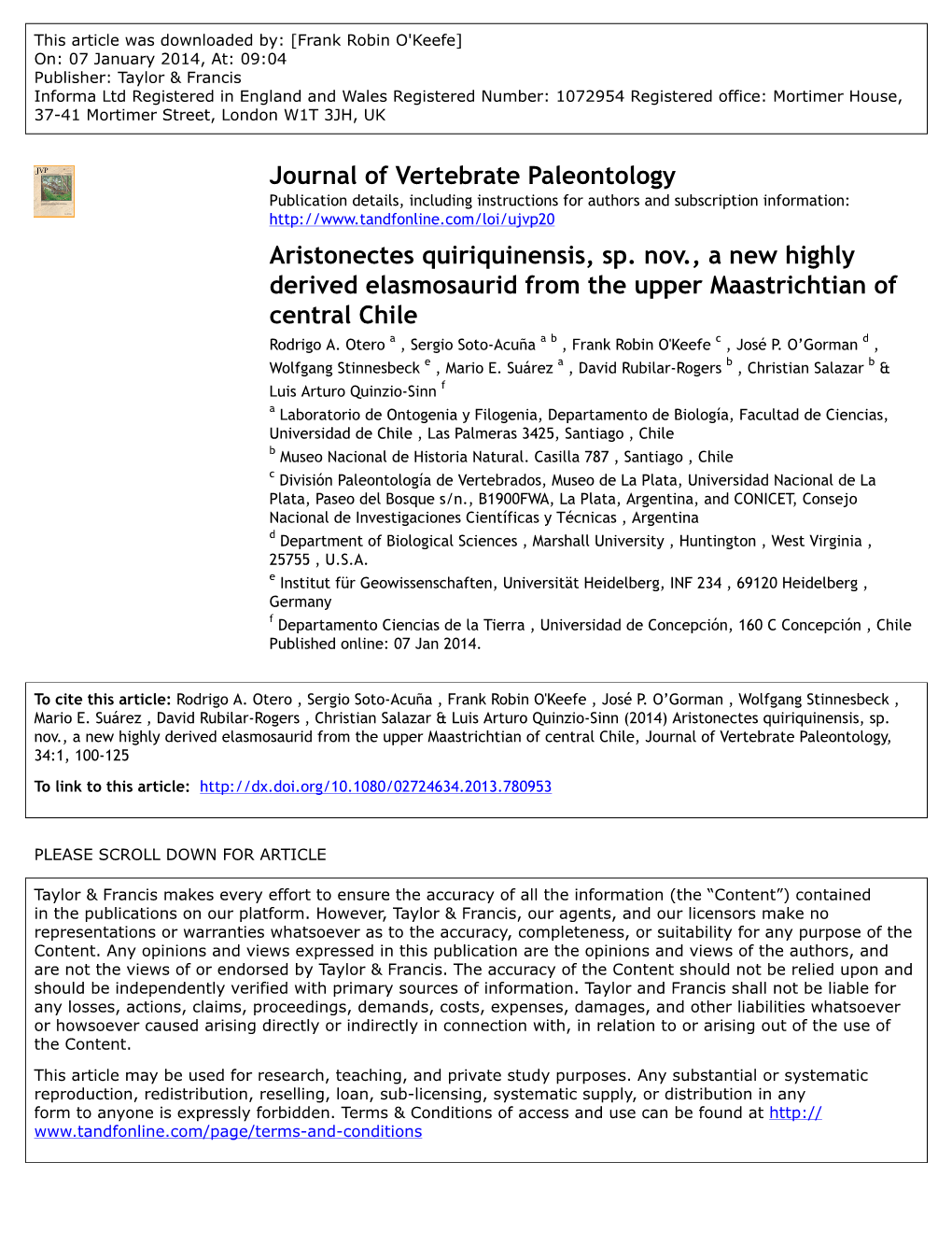 Journal of Vertebrate Paleontology Aristonectes Quiriquinensis, Sp. Nov