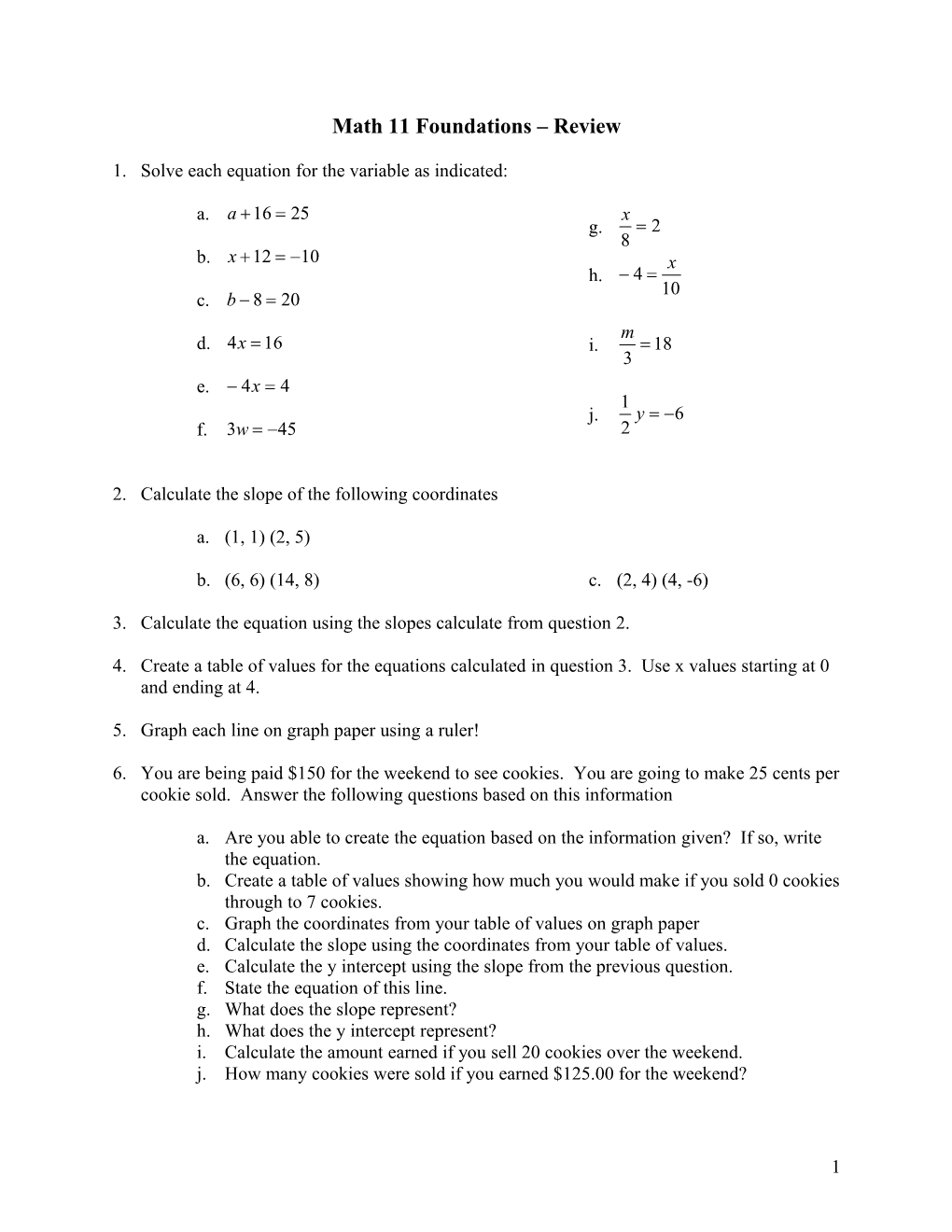 Math 11 Foundations Review