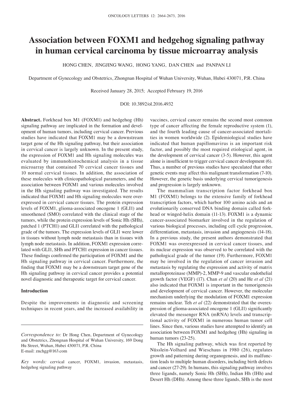 Association Between FOXM1 and Hedgehog Signaling Pathway in Human Cervical Carcinoma by Tissue Microarray Analysis