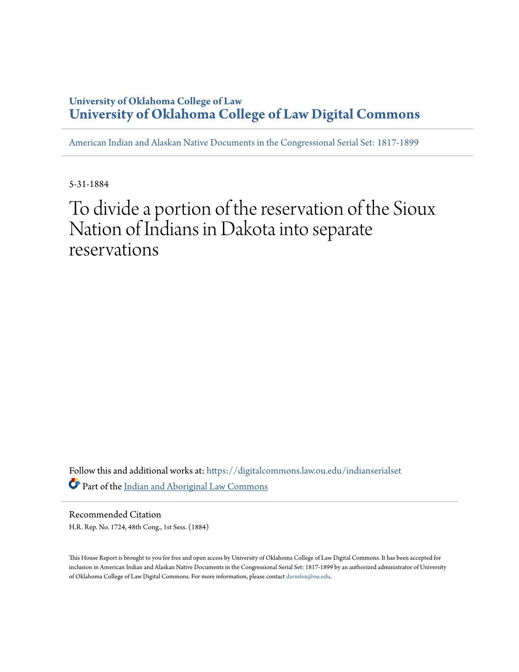 To Divide a Portion of the Reservation of the Sioux Nation of Indians in Dakota Into Separate Reservations