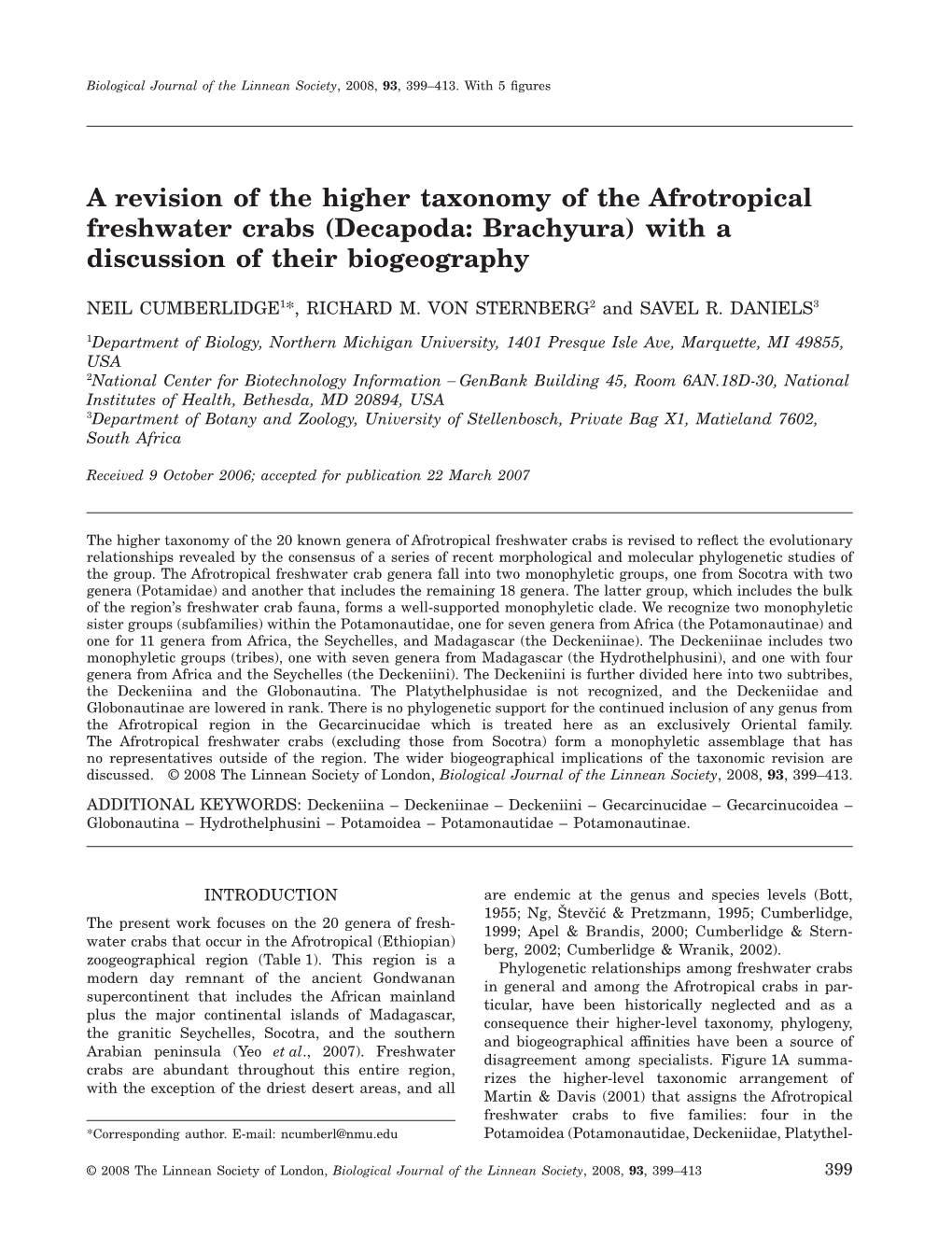 A Revision of the Higher Taxonomy of the Afrotropical Freshwater Crabs (Decapoda: Brachyura) with a Discussion of Their Biogeography