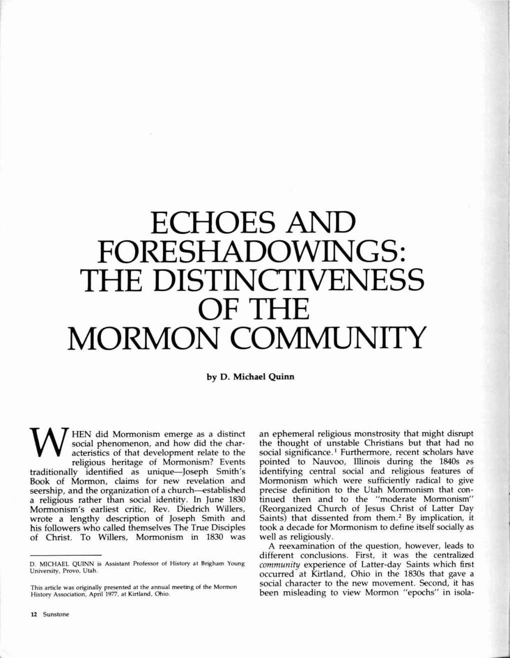 Echoes and Foreshadowings: 'The Distinctiveness of the Mormon Community