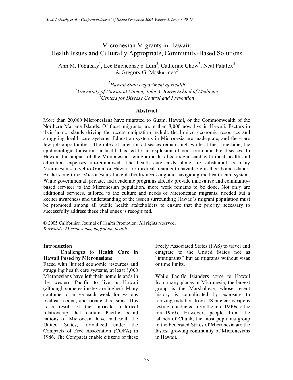 Micronesian Migrants in Hawaii: Health Issues and Culturally Appropriate, Community-Based Solutions