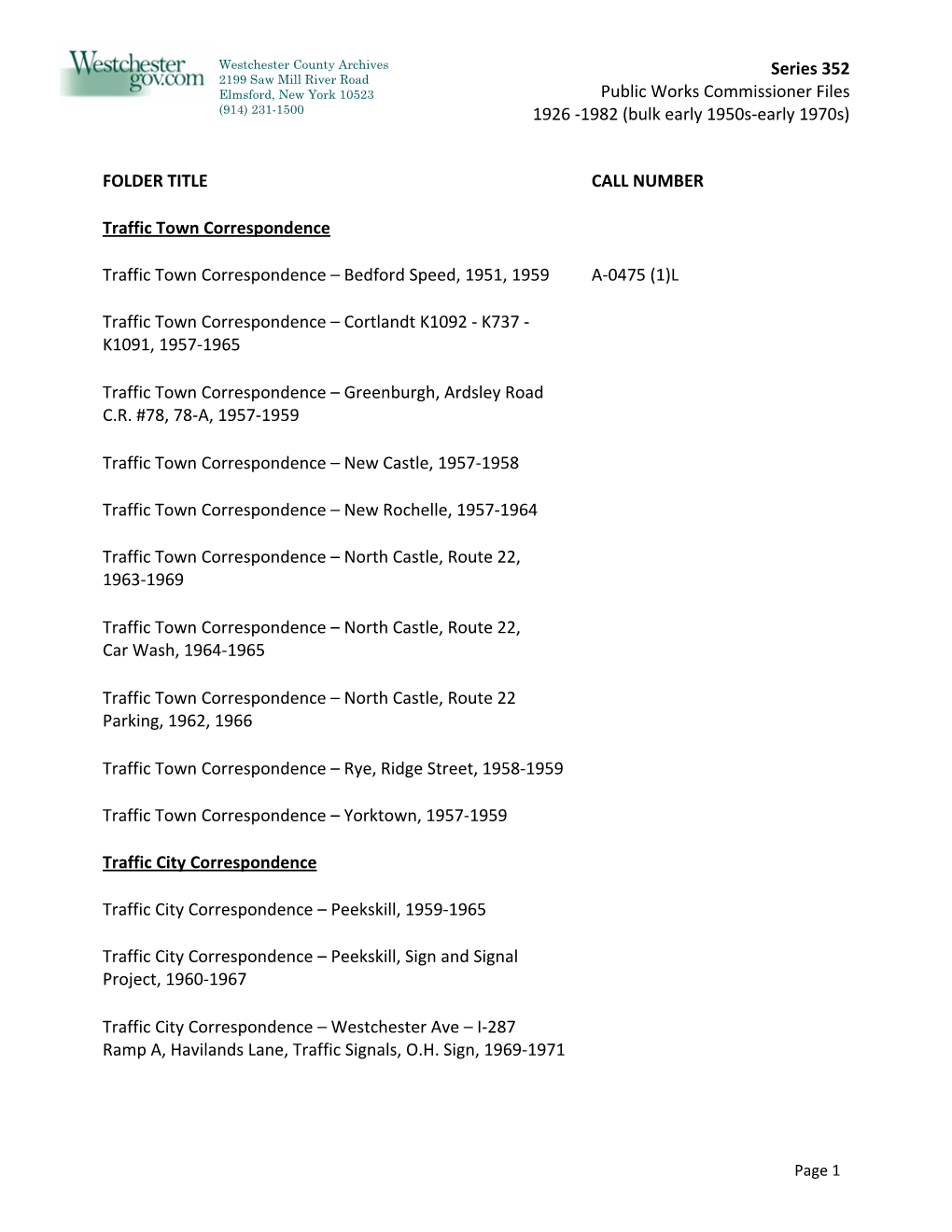 Series 352 Public Works Commissioner Files 1926 -1982