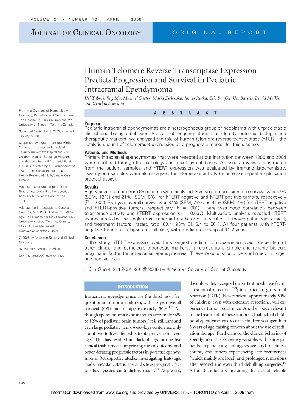 Human Telomere Reverse Transcriptase Expression Predicts