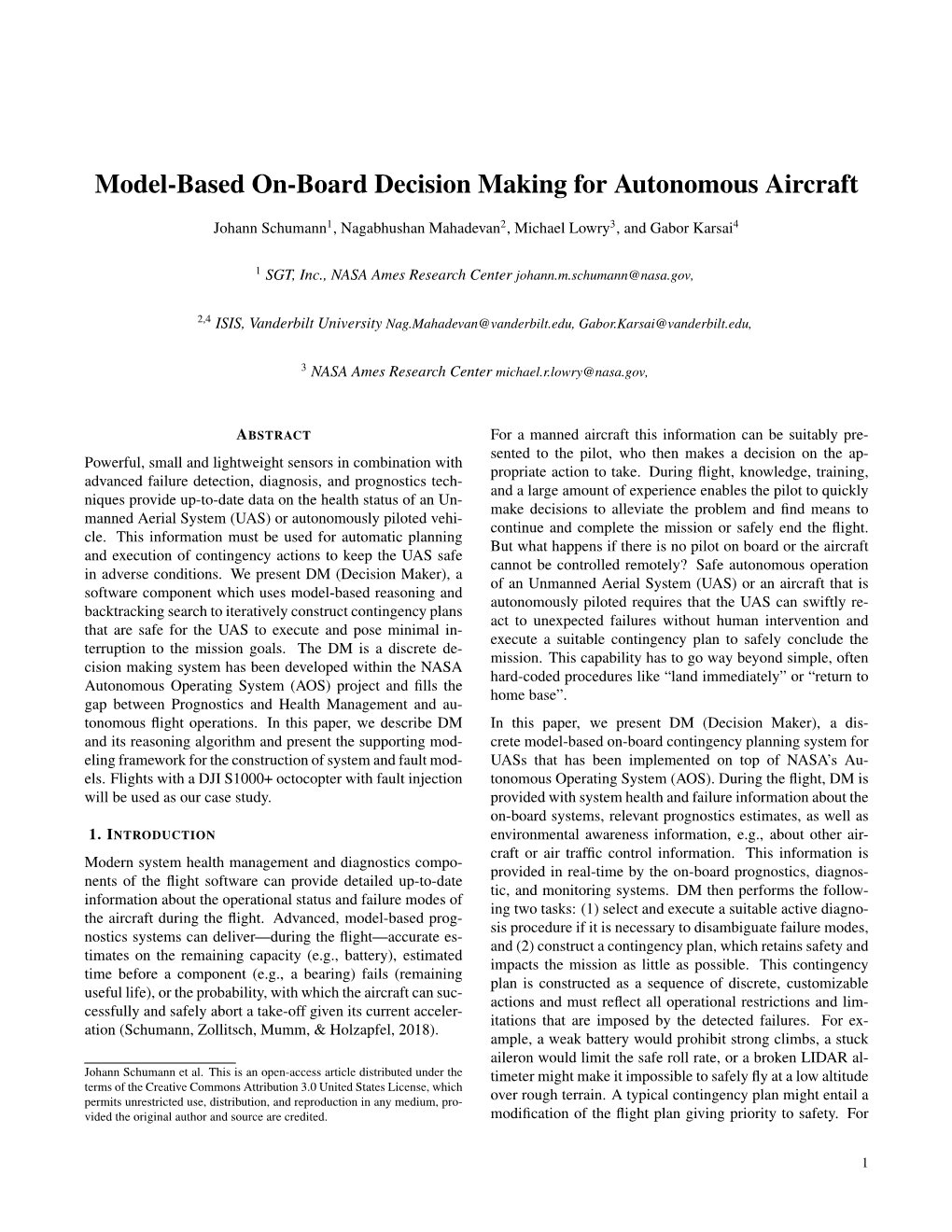 Model-Based On-Board Decision Making for Autonomous Aircraft