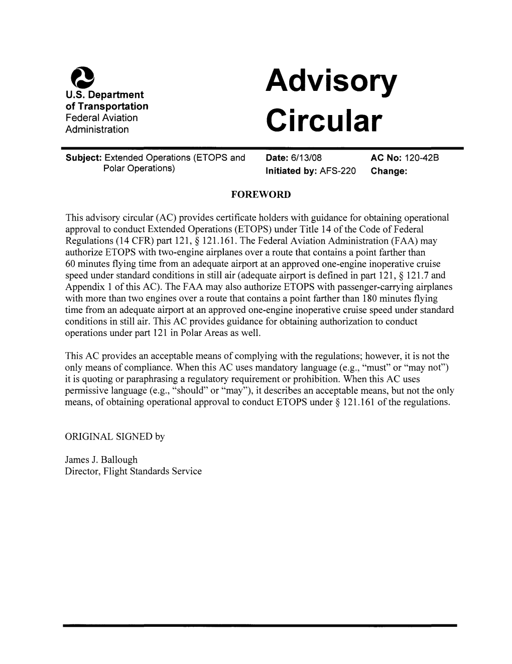 FAA Advisory – ETOPS and Polar