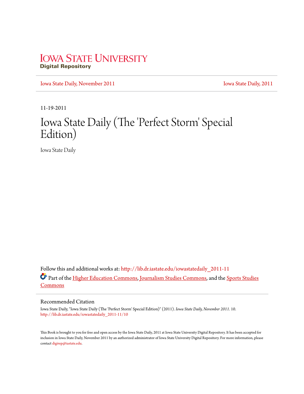 Iowa State Daily (The'perfect Storm'special Edition)