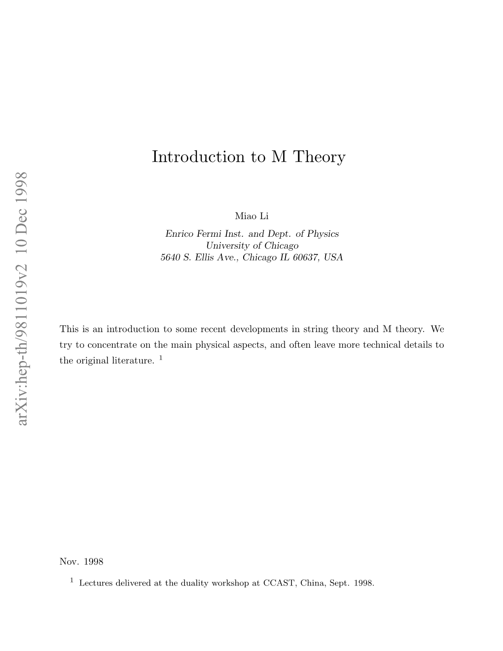 Introduction to M Theory