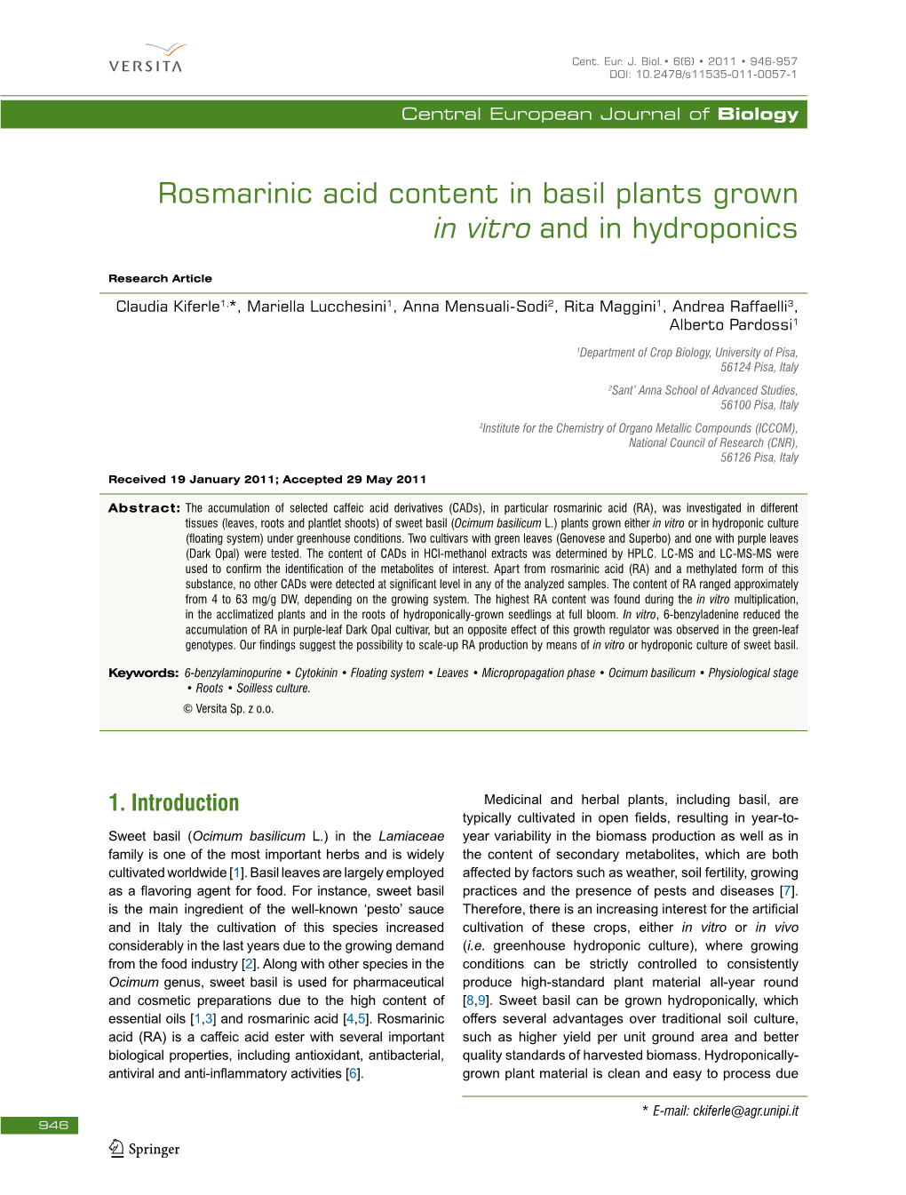 Rosmarinic Acid Content in Basil Plants Grown in Vitro and in Hydroponics