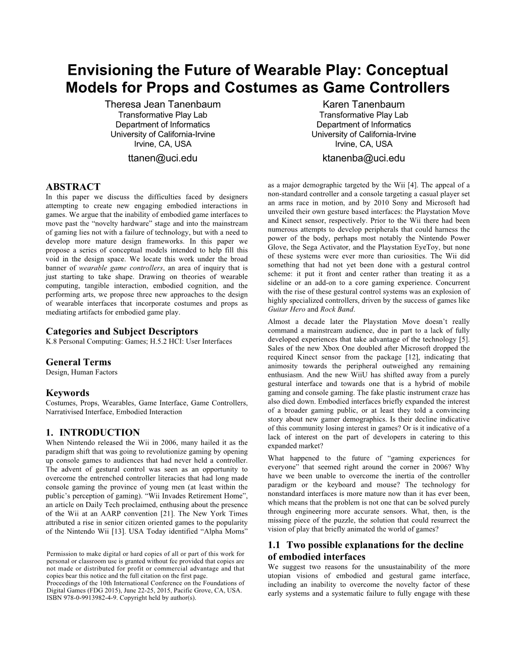 Conceptual Models for Props and Costumes As Game Controllers