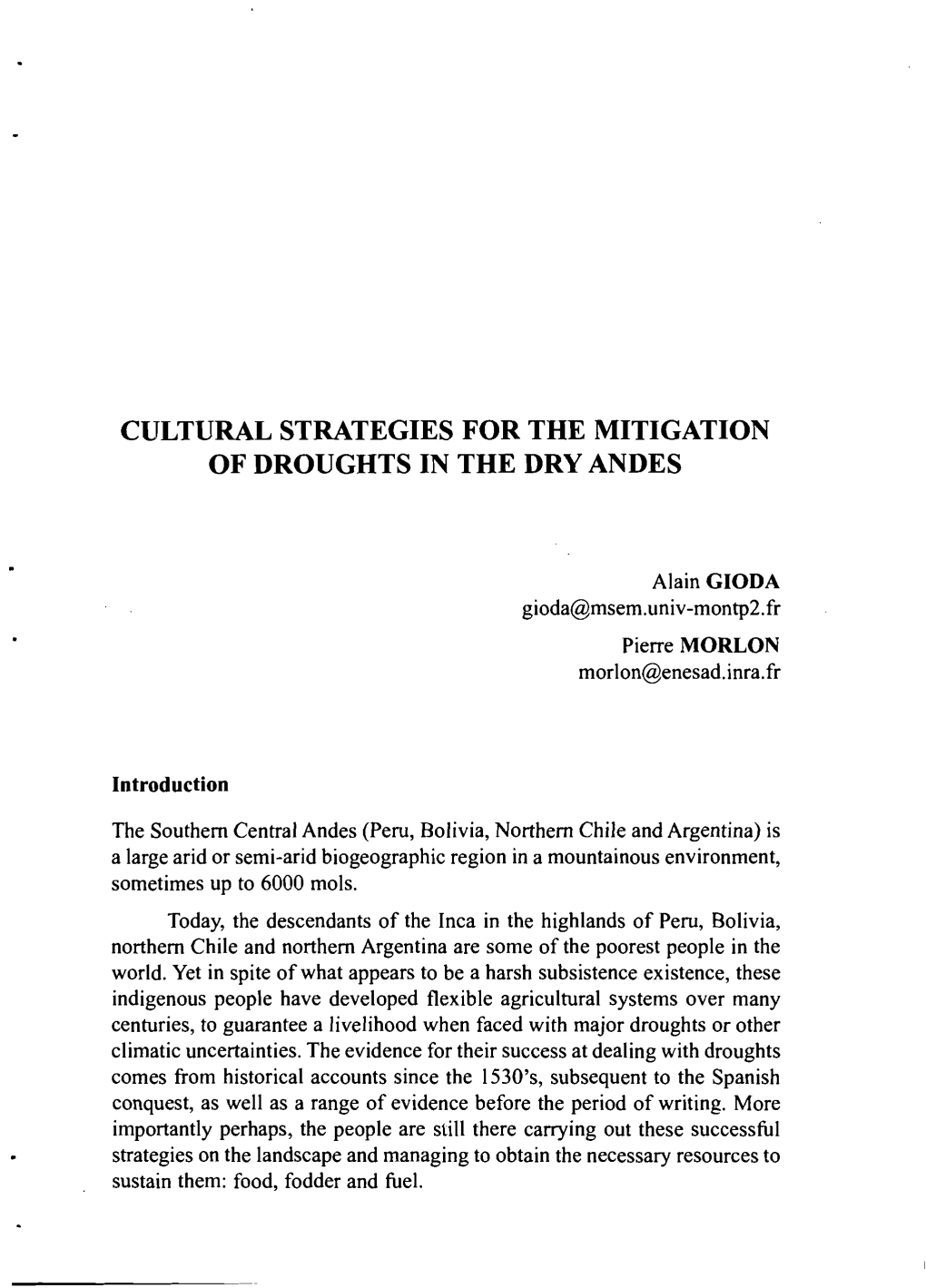 Cultural Strategies for the Mitigation of Droughts in the Dry Andes