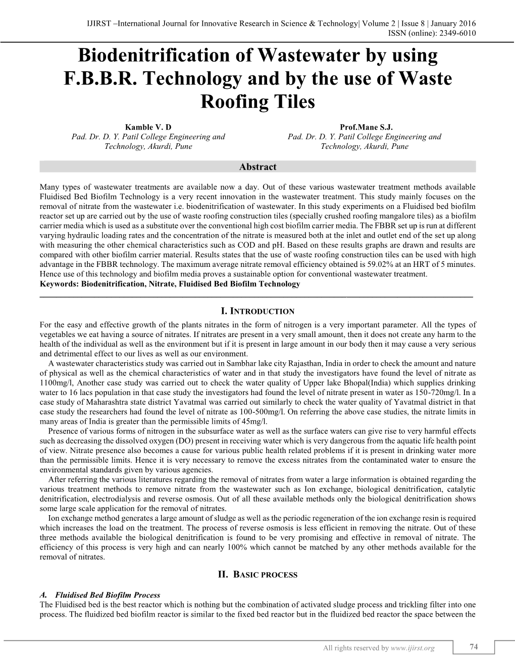 Biodenitrification of Wastewater by Using F.B.B.R. Technology and by the Use of Waste Roofing Tiles