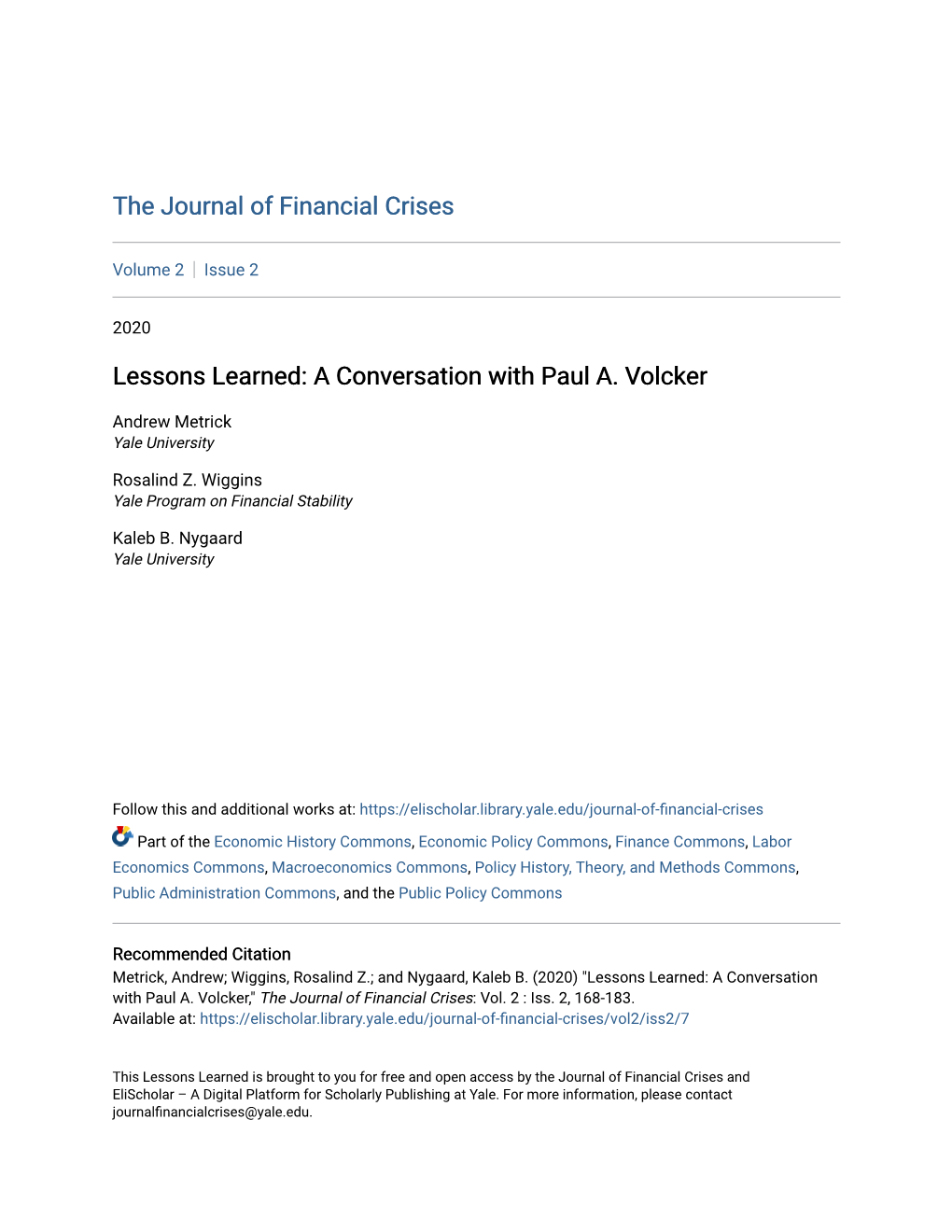 Lessons Learned: a Conversation with Paul A. Volcker