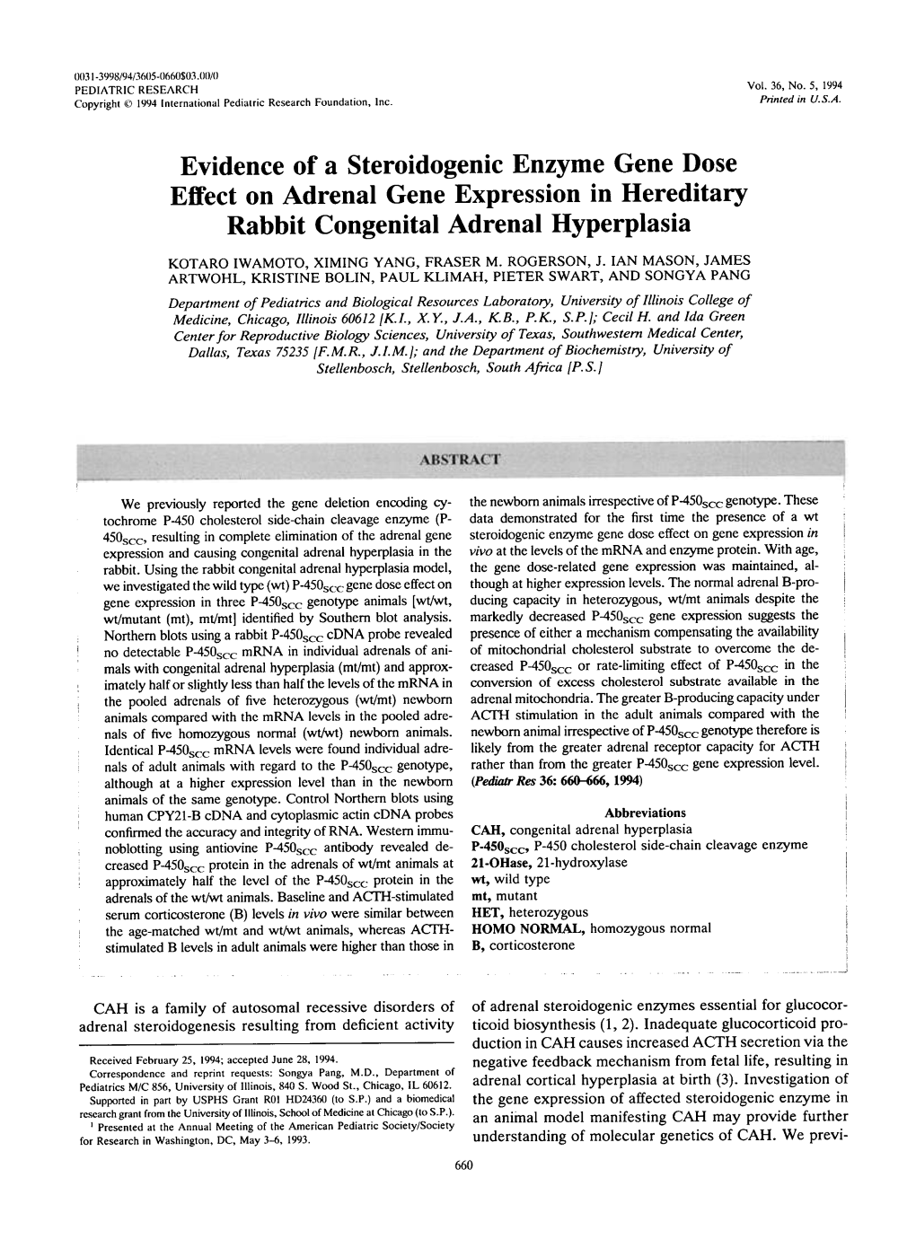 Evidence of a Steroidogenic Enzyme Gene Dose Effect on Adrenal Gene Expression in Hereditary Rabbit Congenital Adrenal Hyperplasia