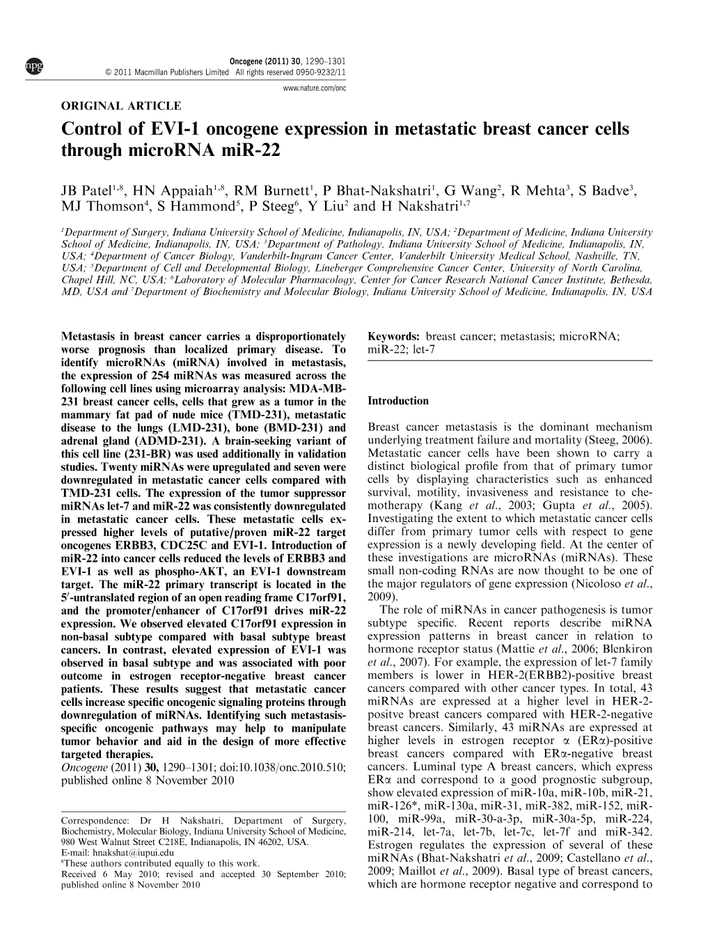 Control of EVI-1 Oncogene Expression in Metastatic Breast Cancer Cells Through Microrna Mir-22