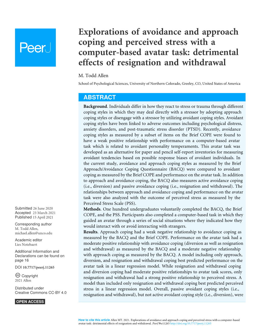 Explorations of Avoidance and Approach Coping and Perceived Stress with a Computer-Based Avatar Task: Detrimental Effects of Resignation and Withdrawal