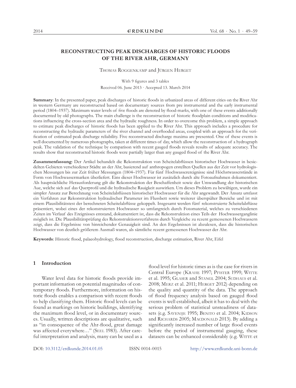 Reconstructing Peak Discharges of Historic Floods of the River Ahr, Germany