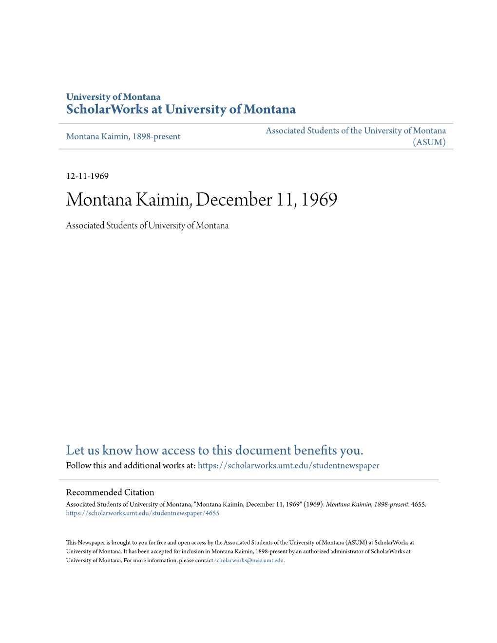 Montana Kaimin, December 11, 1969 Associated Students of University of Montana