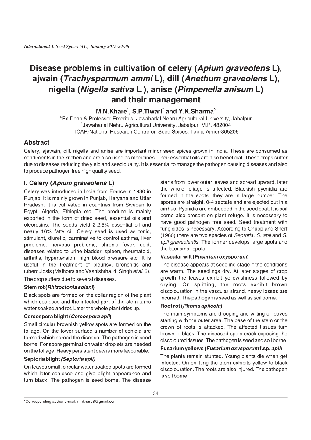 Disease Problems in Cultivation of Celery (Apium Graveolens L), Ajwain