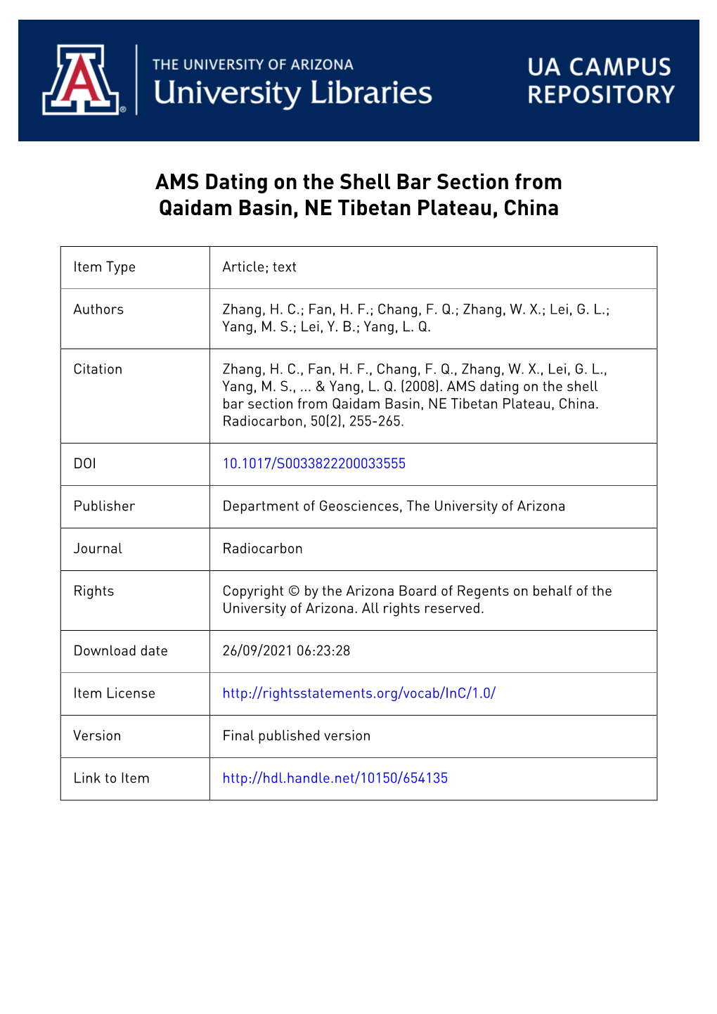 255 Ams Dating on the Shell Bar Section from Qaidam