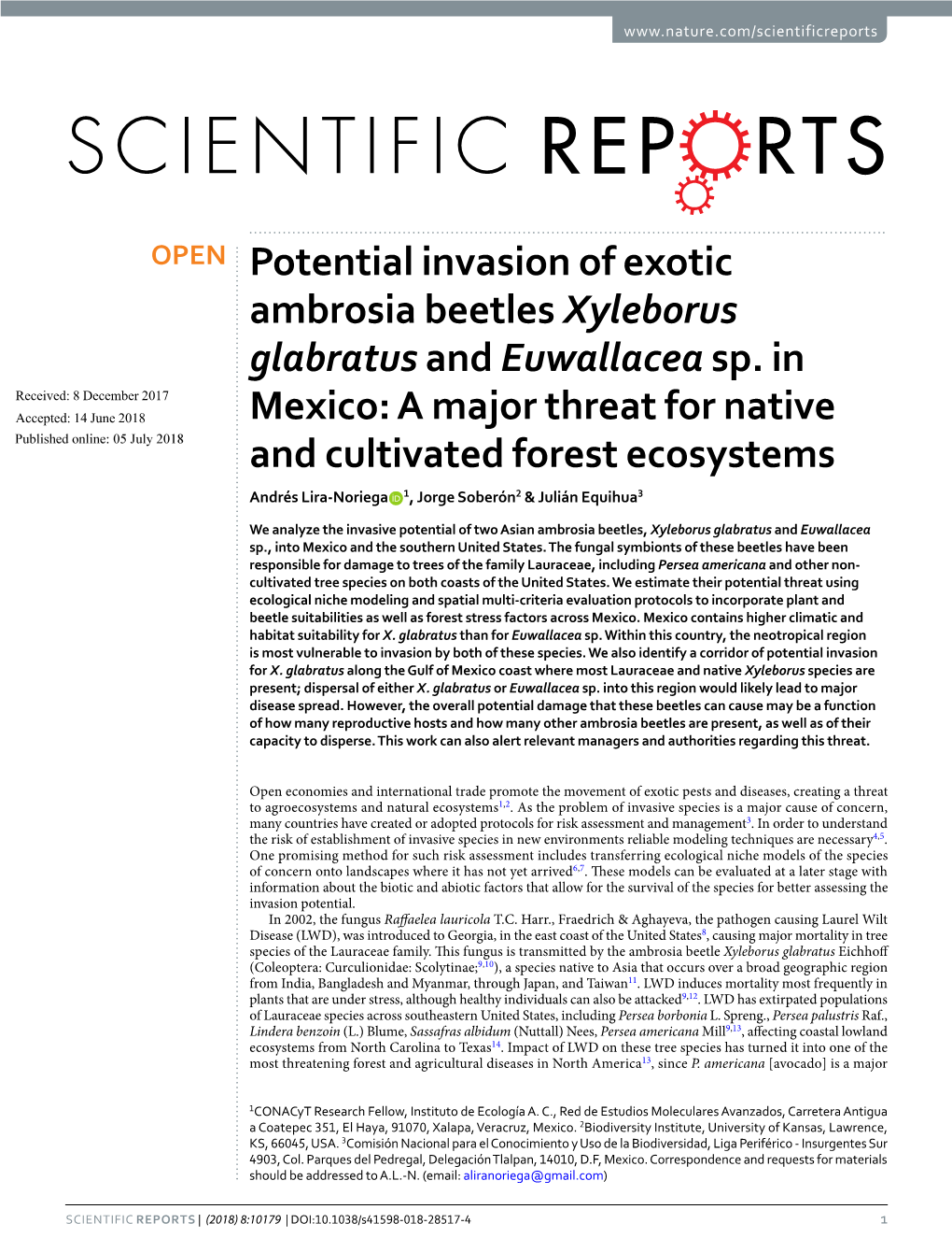 Potential Invasion of Exotic Ambrosia Beetles Xyleborus Glabratus and Euwallacea Sp. in Mexico