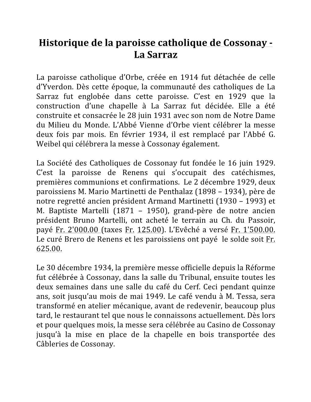 Historique De La Paroisse Catholique De Cossonay - La Sarraz