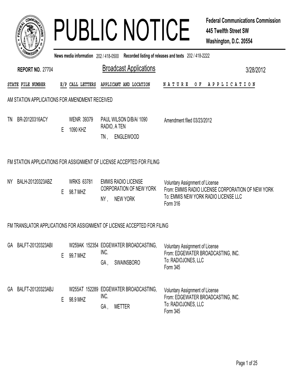 Broadcast Applications 3/28/2012