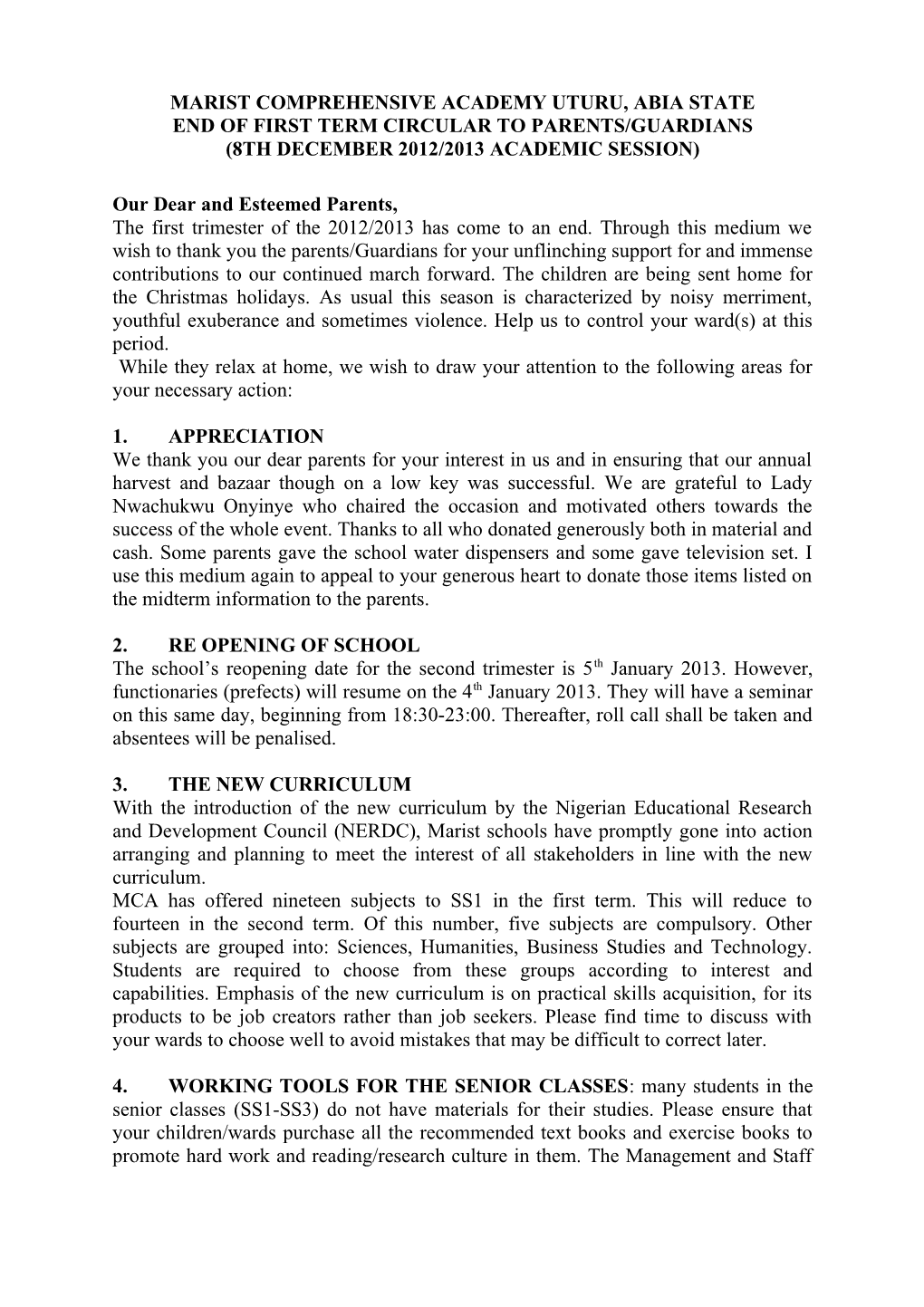 End of First Term Circular to Parents/Guardians