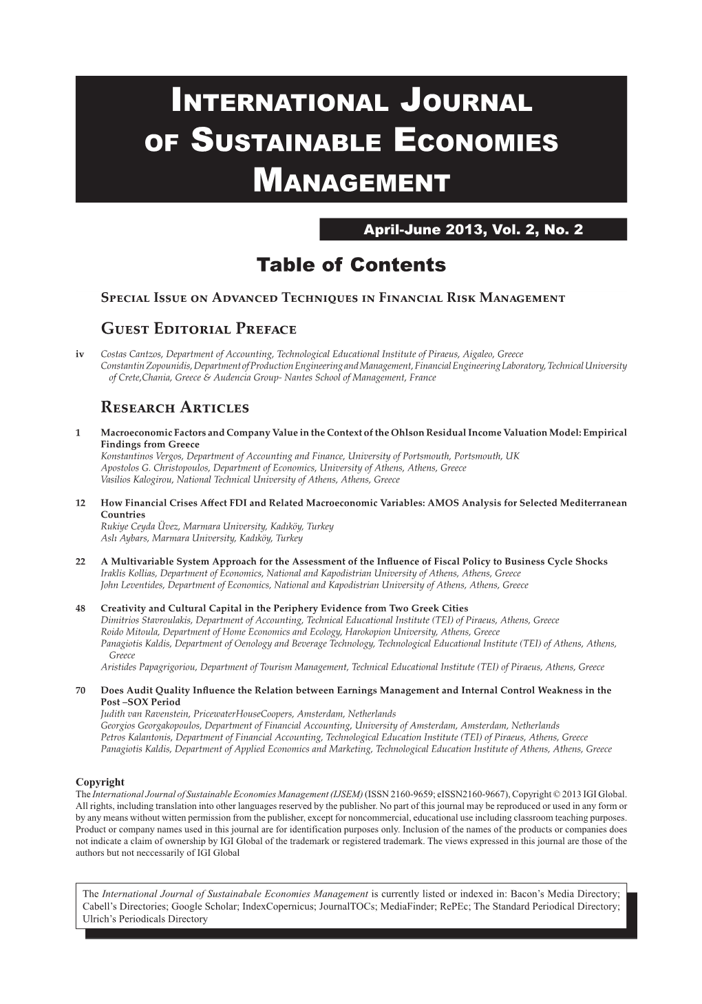 International Journal of Sustainable Economies Management