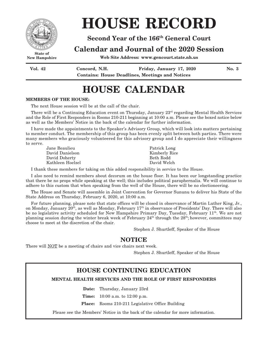 HOUSE RECORD Second Year of the 166Th General Court Calendar and Journal of the 2020 Session State of New Hampshire Web Site Address