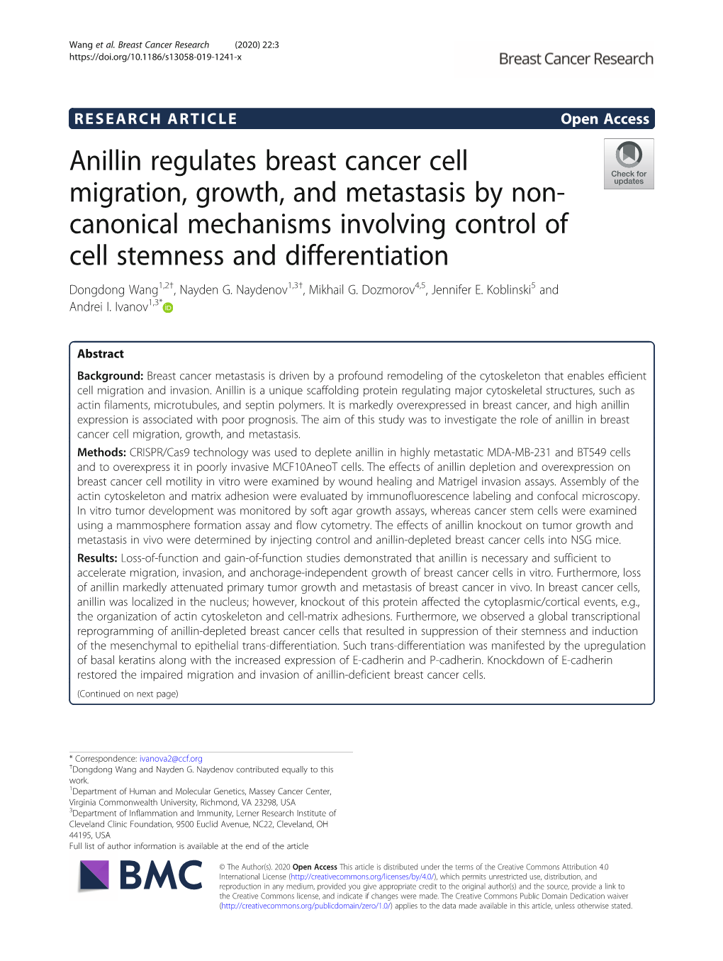 Anillin Regulates Breast Cancer Cell Migration, Growth, and Metastasis