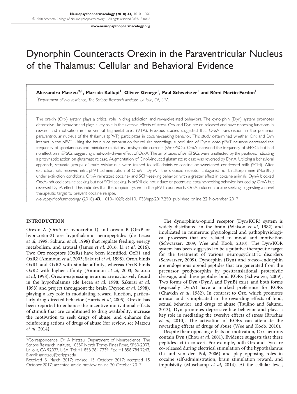 Dynorphin Counteracts Orexin in the Paraventricular Nucleus of the Thalamus: Cellular and Behavioral Evidence