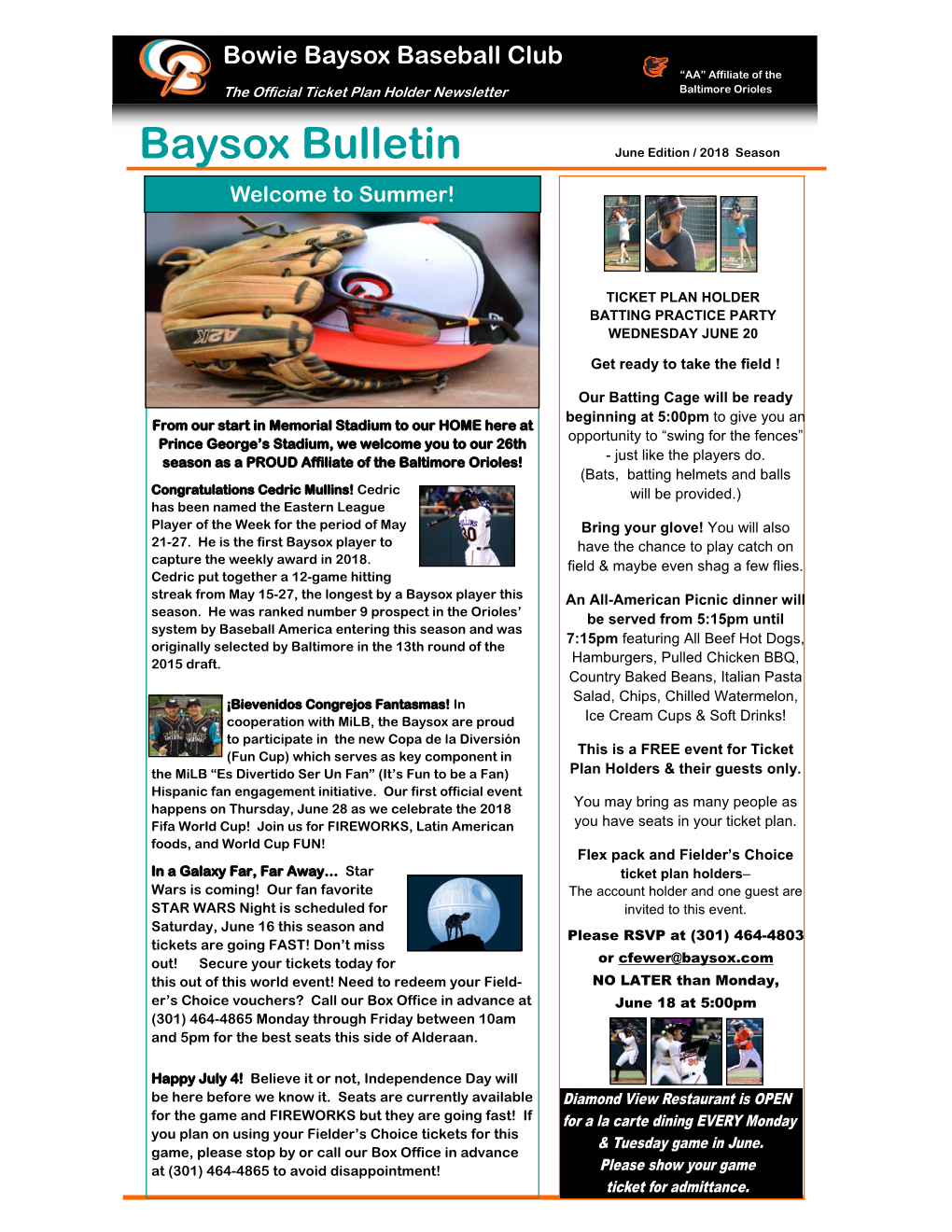 Baysox Bulletin- June 2018