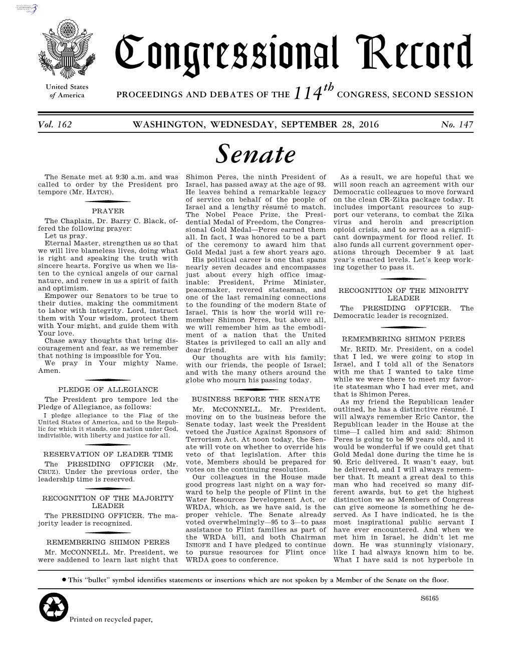 Congressional Record United States Th of America PROCEEDINGS and DEBATES of the 114 CONGRESS, SECOND SESSION