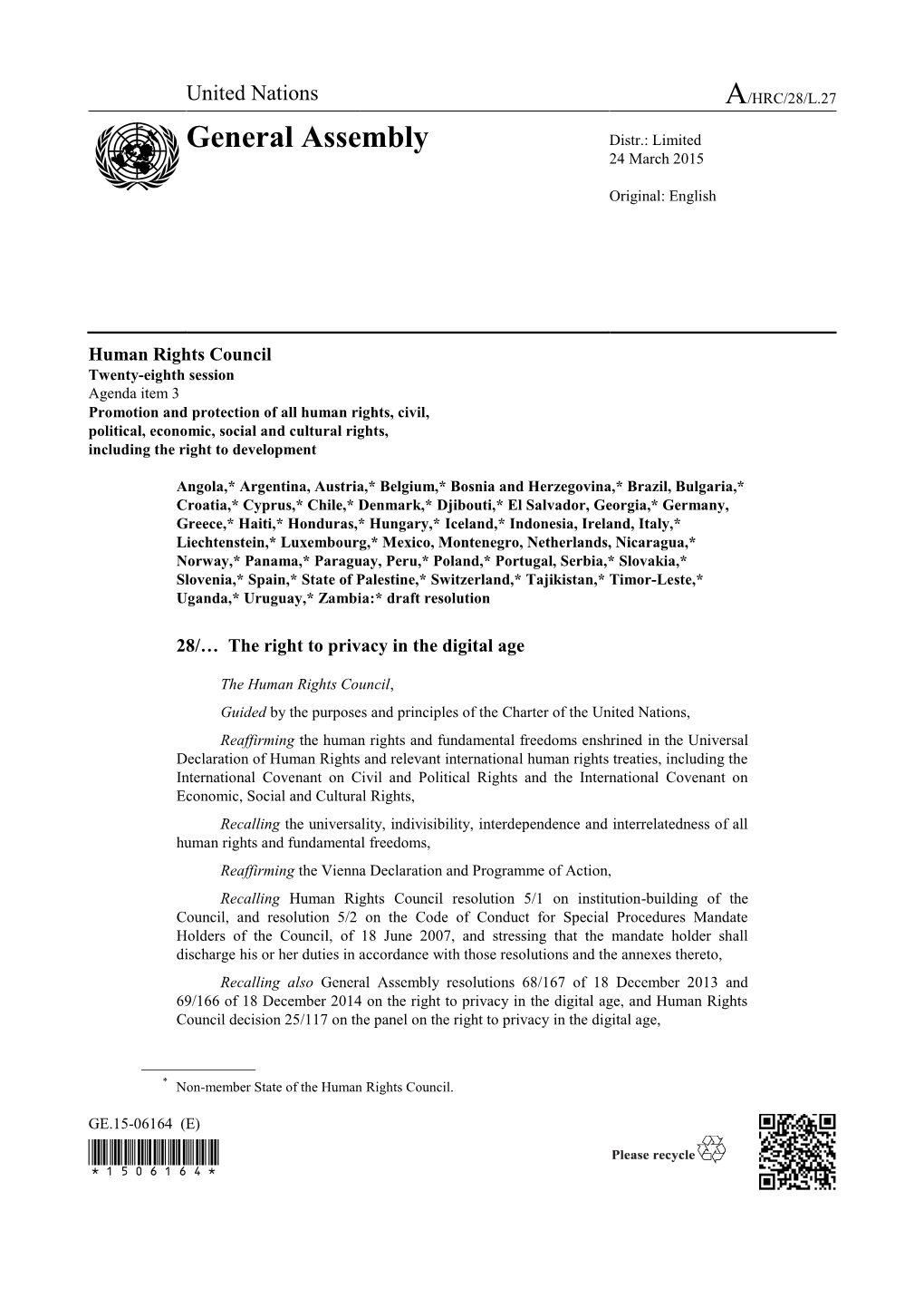 Human Rights Council, Draft Resolution 28/… the Right to Privacy